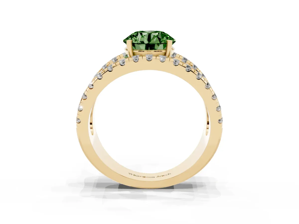 Fancy Green Round Cut Solitaire Split Shank Pave Diamond Ring Yellow gold