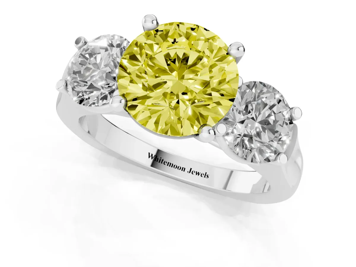 Fancy Yellow Three-Stone Round Cut Brilliant Diamond Trellis Ring with Comfort Fit Band Silver