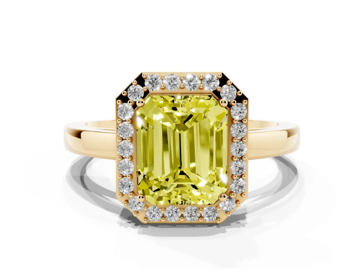 Fancy Yellow Radiant Cut Halo Diamond Ring with Solitaire Band and Prong Setting Yellow gold