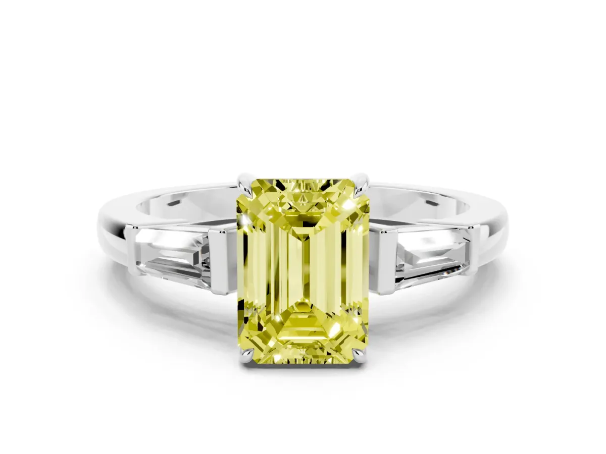 Fancy Yellow Emerald Cut Diamond Three-Stone Ring with Tapered Baguette Side Stones and Prong Setting White gold