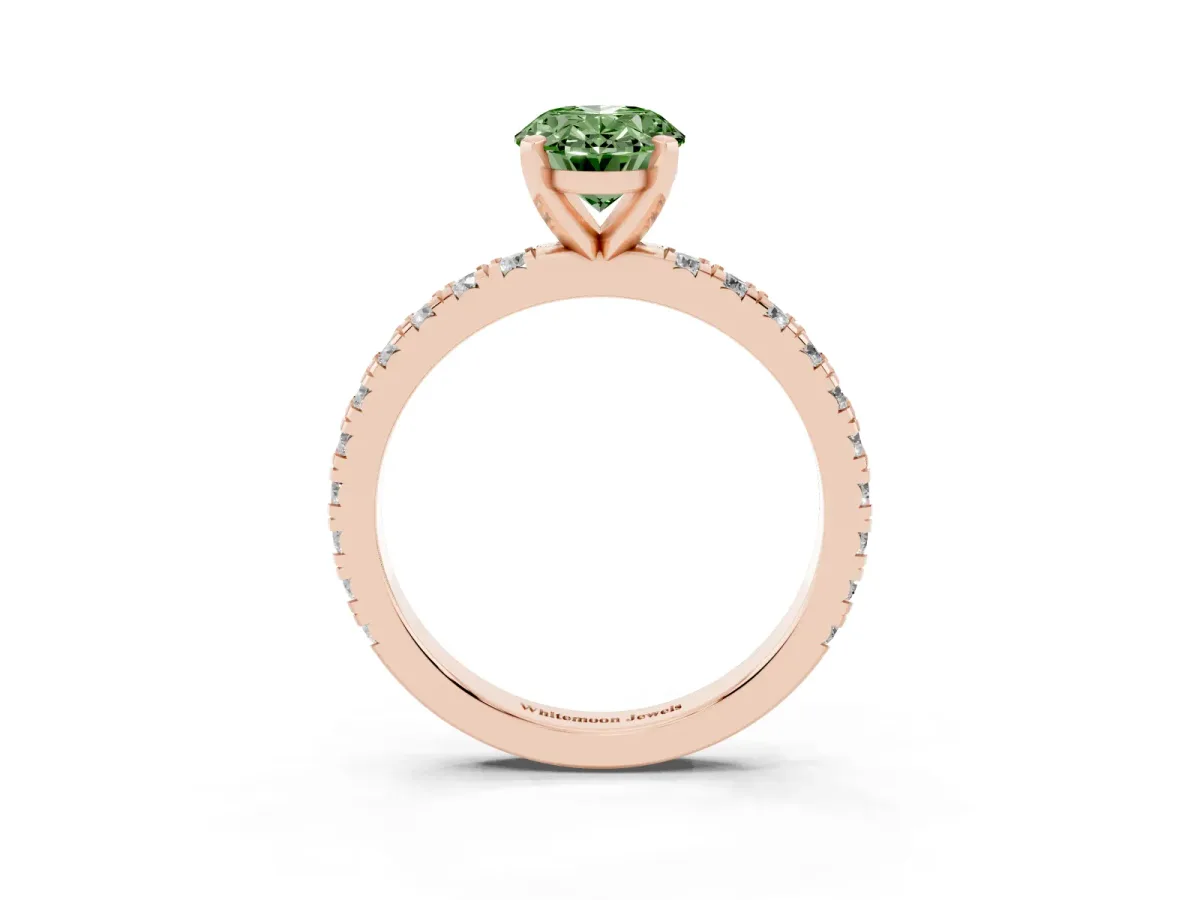 Fancy Green Oval Cut Diamond Pavé Band Solitaire with Four-Prong Setting Rose gold