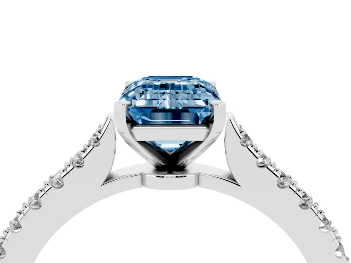 Fancy Blue Emerald Cut Cut Solitaire Diamond Engagement Ring with Pave Band and Four-Prong Setting Silver