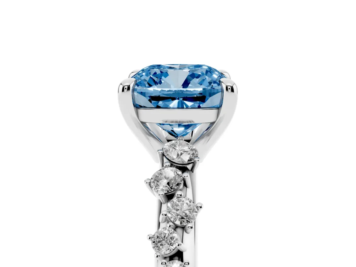 Fancy Blue Cushion Cut Cut Diamond Vine Band with Four-Prong Setting Platinum
