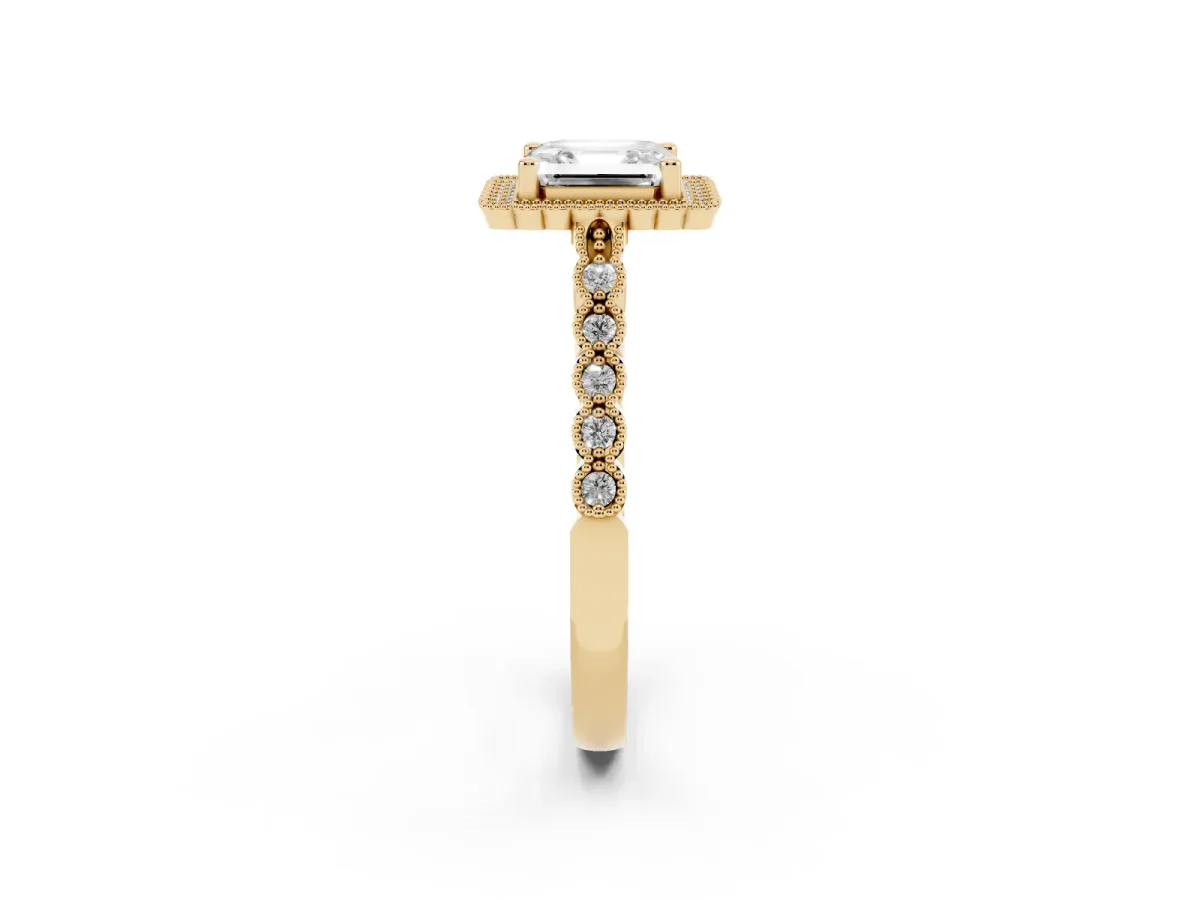 Asscher Cut Cut Halo Pavé Solitaire Ring with Milgrain Band Yellow gold