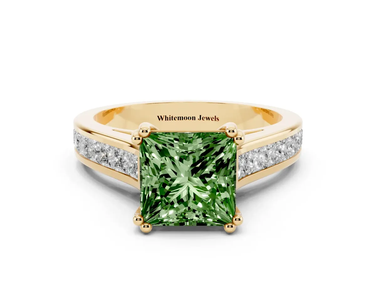Fancy Green Princess Cut Cut Channel Set Solitaire Engagement Ring with Prong Setting Yellow gold