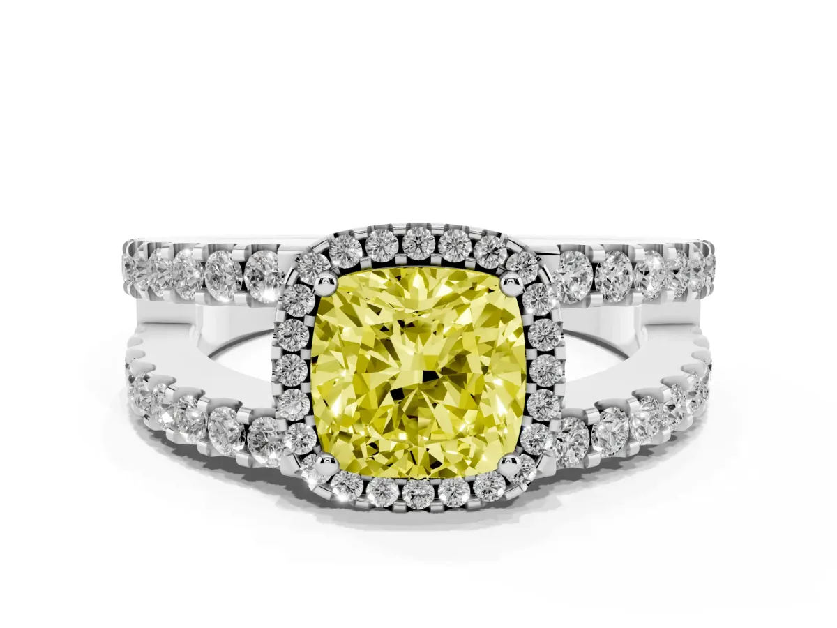 Fancy Yellow Cushion Cut Cut Halo Split Shank Diamond Ring with Four-Prong Setting Platinum