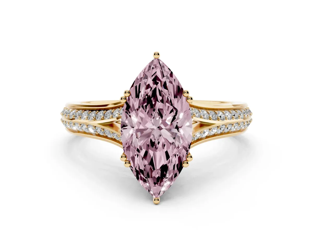 Fancy Pink Marquise Cut Diamond Split Shank Engagement Ring with Pavé Band Yellow gold
