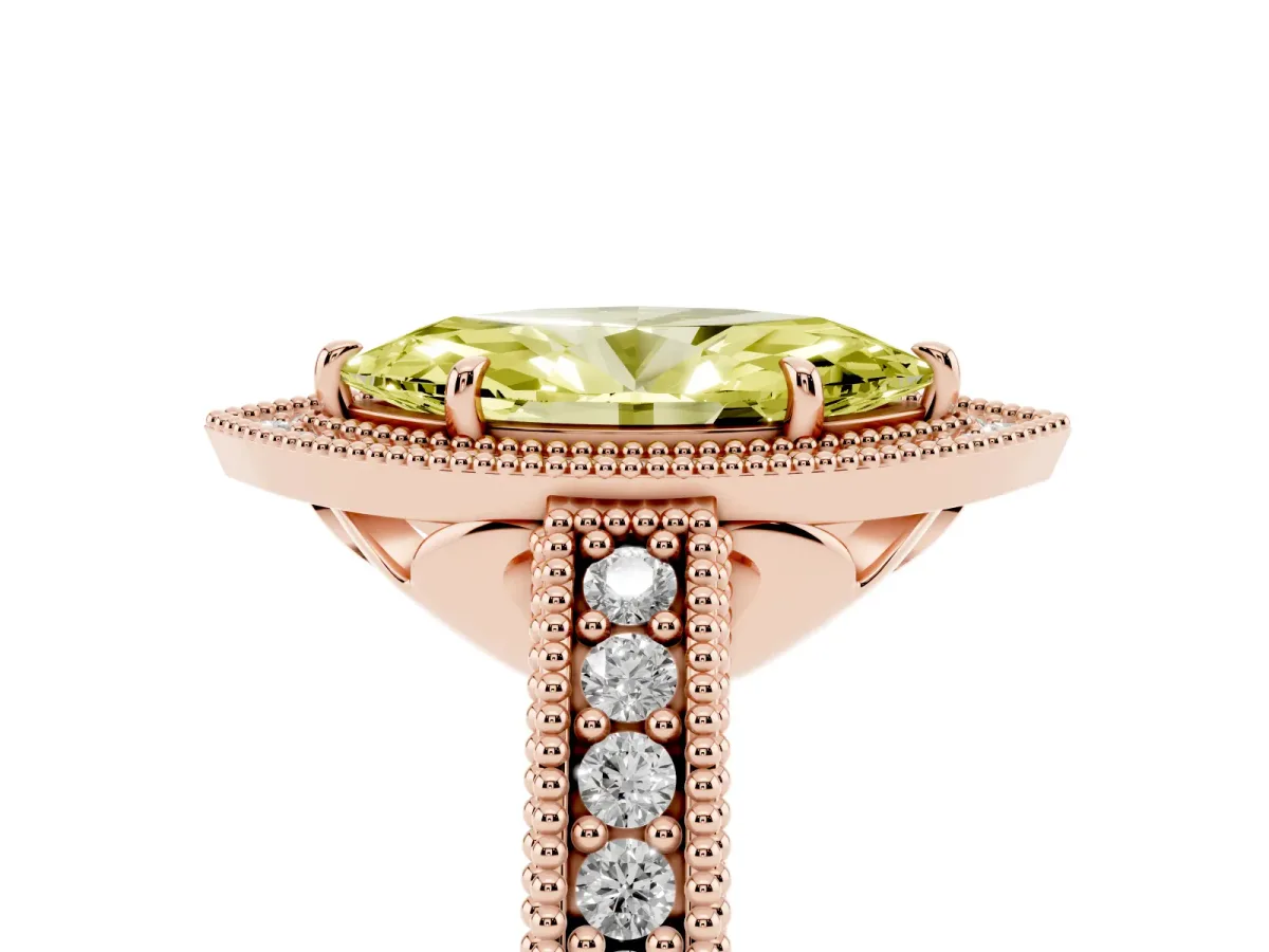 Fancy Yellow Marquise Cut Cut Halo Diamond Ring with Pavé Band and Four-Prong Setting Rose gold