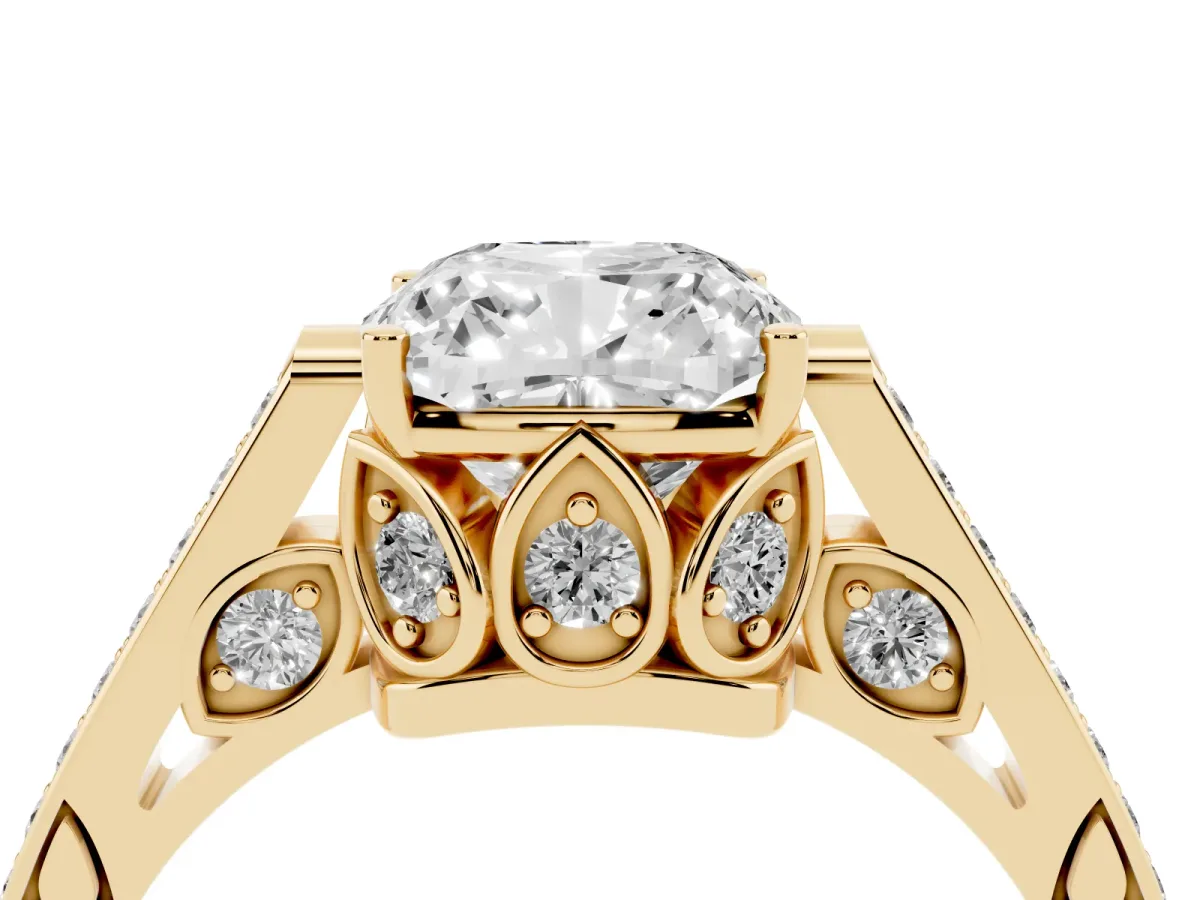 Cushion Cut Cut Cathedral Pave Diamond Engagement Ring with Six-Prong Setting Yellow gold