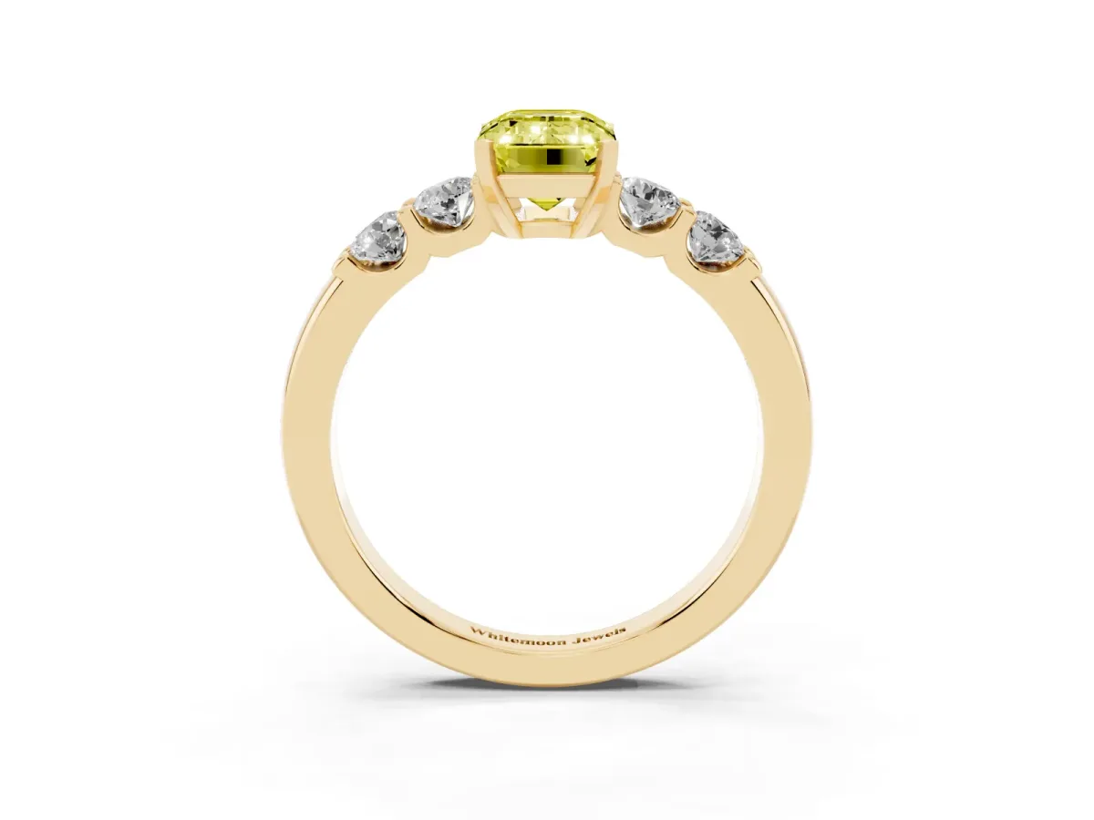 Fancy Yellow Emerald Cut Brilliant Cut Diamond Five-Stone Prong Set Engagement Ring with Channel Band Yellow gold