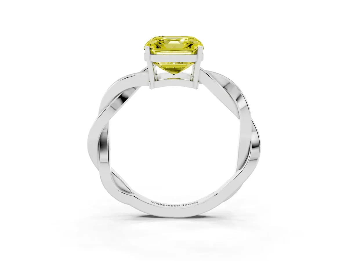 Fancy Yellow Asscher Cut Solitaire Twisted Pave Diamond Ring with Four-Prong Setting Silver
