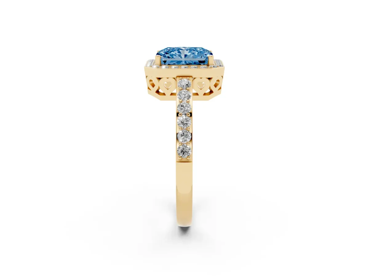 Fancy Blue Radiant Cut Halo Diamond Pavé Band Ring with Prong Setting Yellow gold