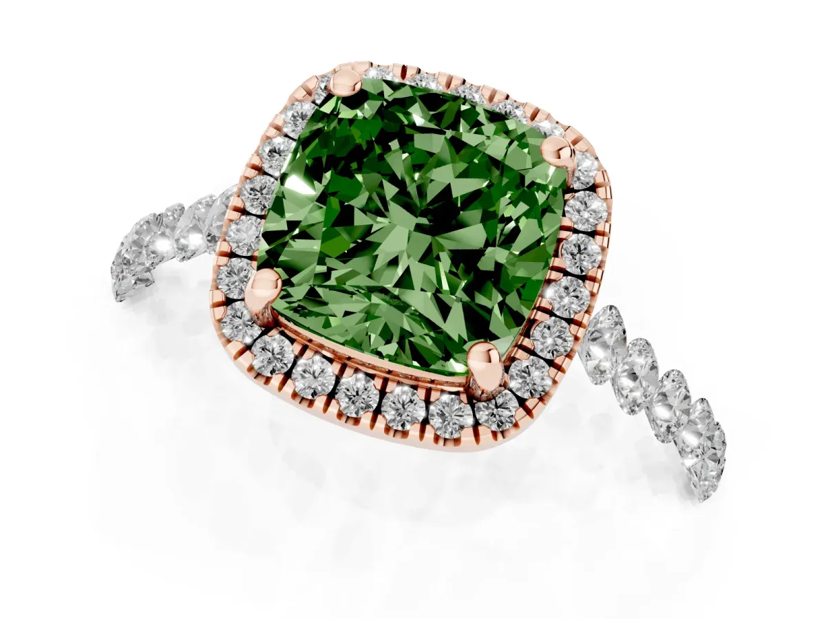 Fancy Green Cushion Cut Halo Pavé Diamond Engagement Ring with Four-Prong Setting Rose gold