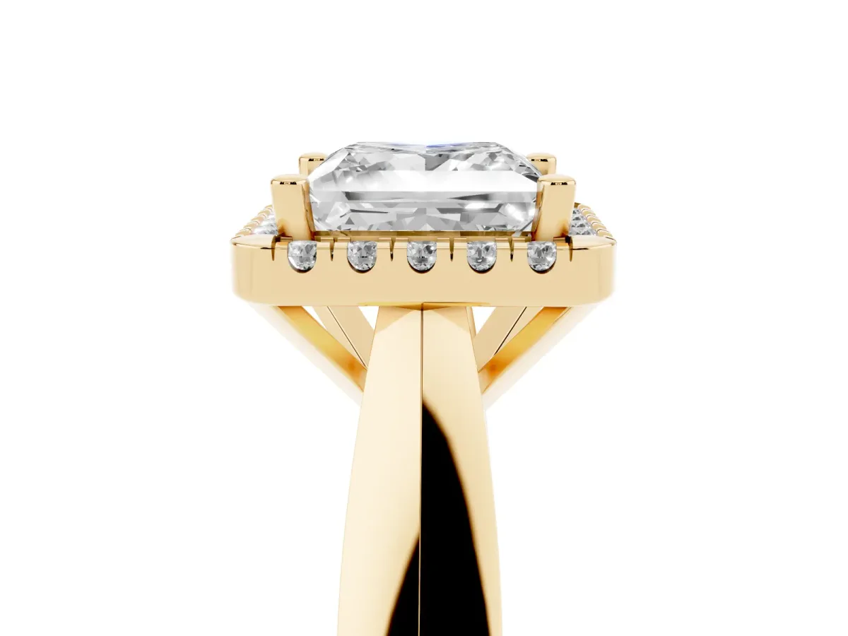 Princess Cut Cut Halo Solitaire Engagement Ring with Square Band and Four-Prong Setting Yellow gold