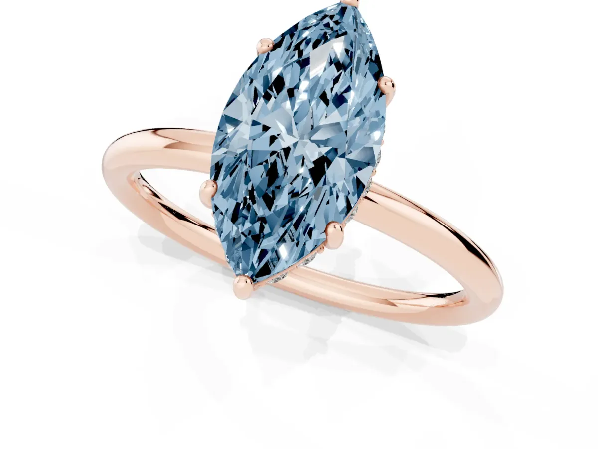 Fancy Blue Marquise Cut Solitaire Diamond Ring with a Classic Band and Four-Prong Setting Rose gold