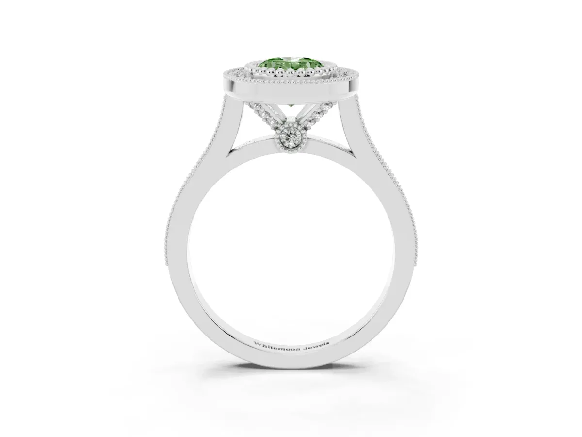 Fancy Green Oval Cut Diamond Halo Ring with Milgrain Frame and Pavé Band Platinum