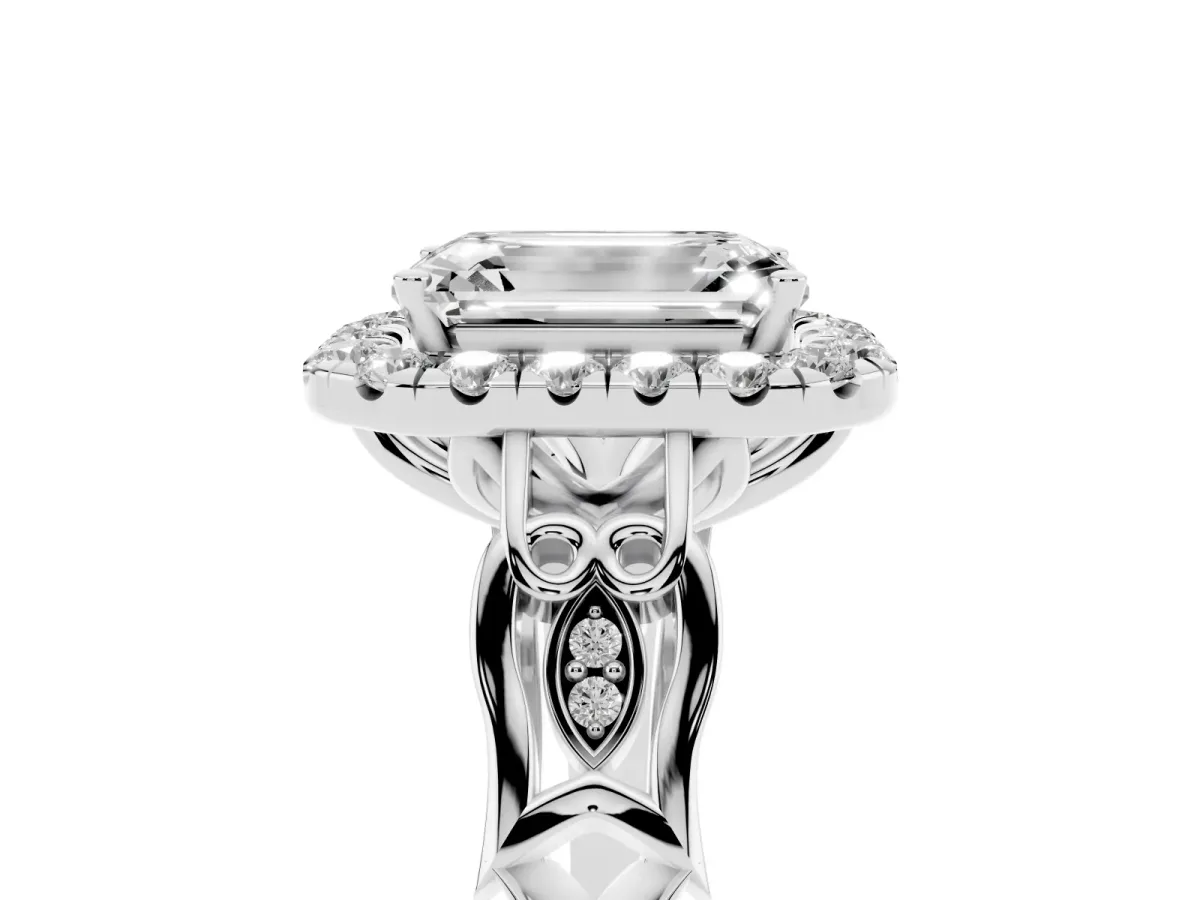 Emerald Cut Halo Diamond Engagement Ring with Filigree Band and Four-Prong Setting Platinum