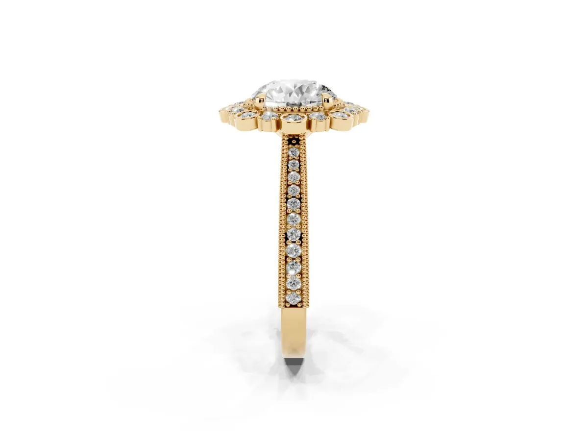 Round Cut Halo Milgrain Pave Diamond Ring with Four-Prong Setting Yellow gold