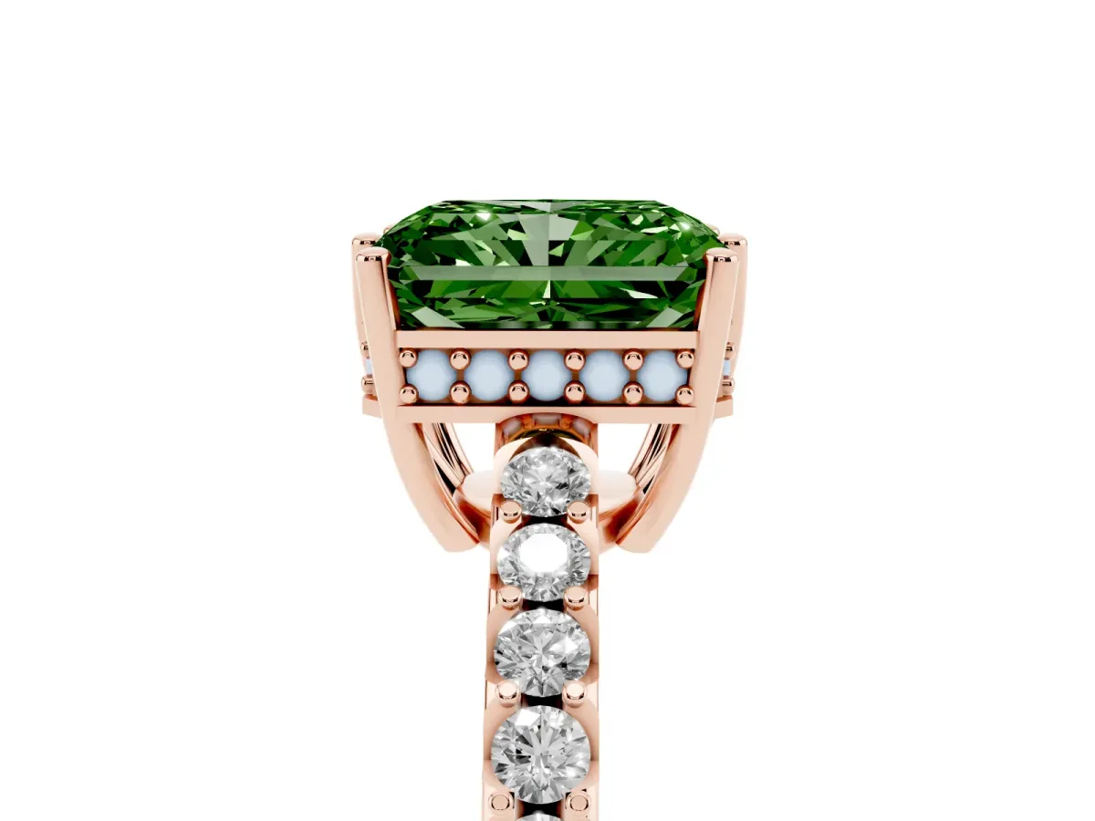 Fancy Green Radiant Cut Solitaire Diamond Engagement Ring with Pavé Band and Six-Prong Setting Rose gold