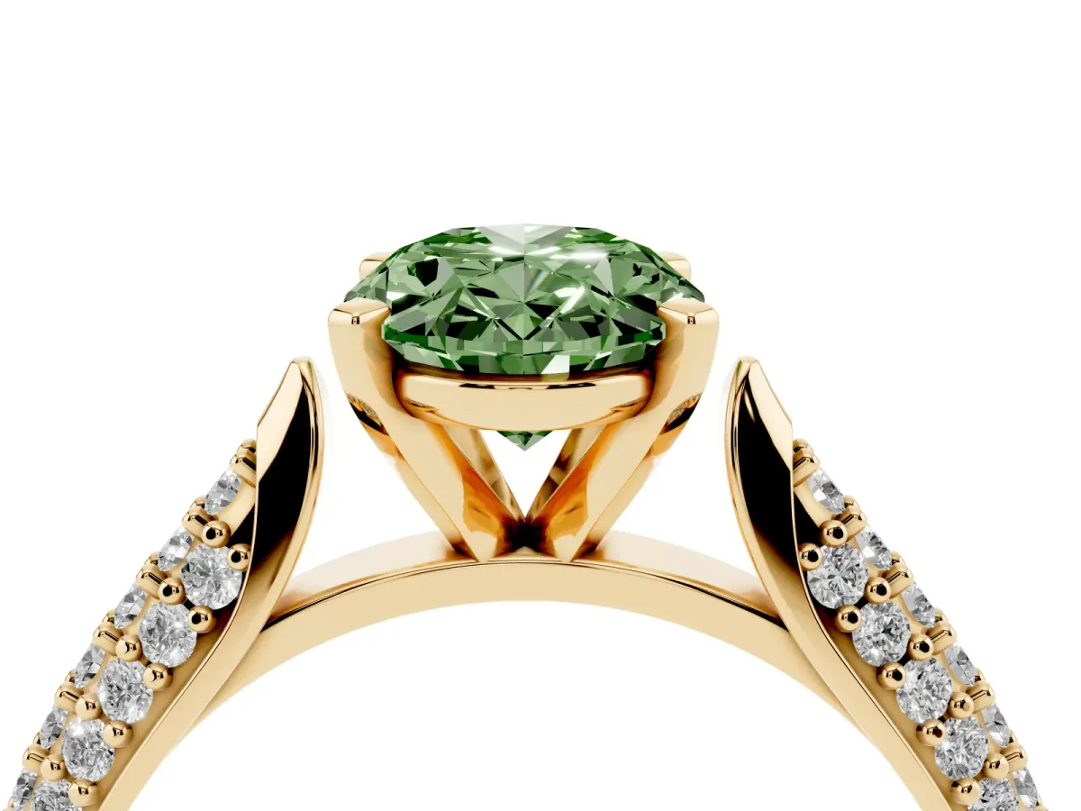Fancy Green Oval Cut Diamond Solitaire Engagement Ring with Multi-Row Round Pavé Band and Prong Setting Yellow gold
