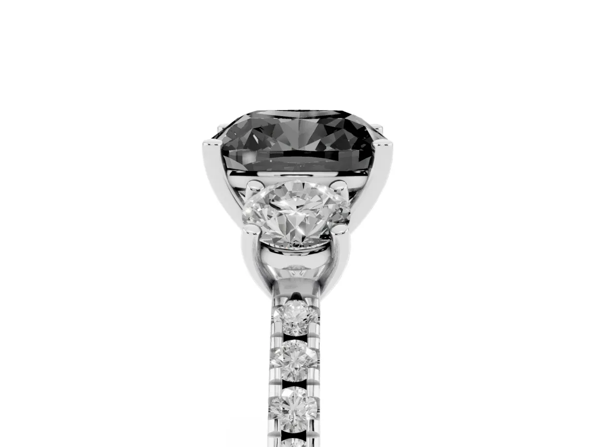 Fancy Black Three-Stone Cushion Cut Cut Diamond Pavé Band with Prong Setting Platinum