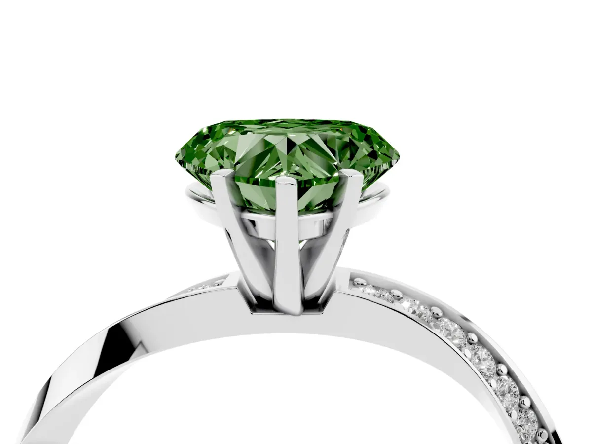 Fancy Green Heart Cut Diamond Engagement Ring with Side Stone Accents and Four-Prong Setting Silver