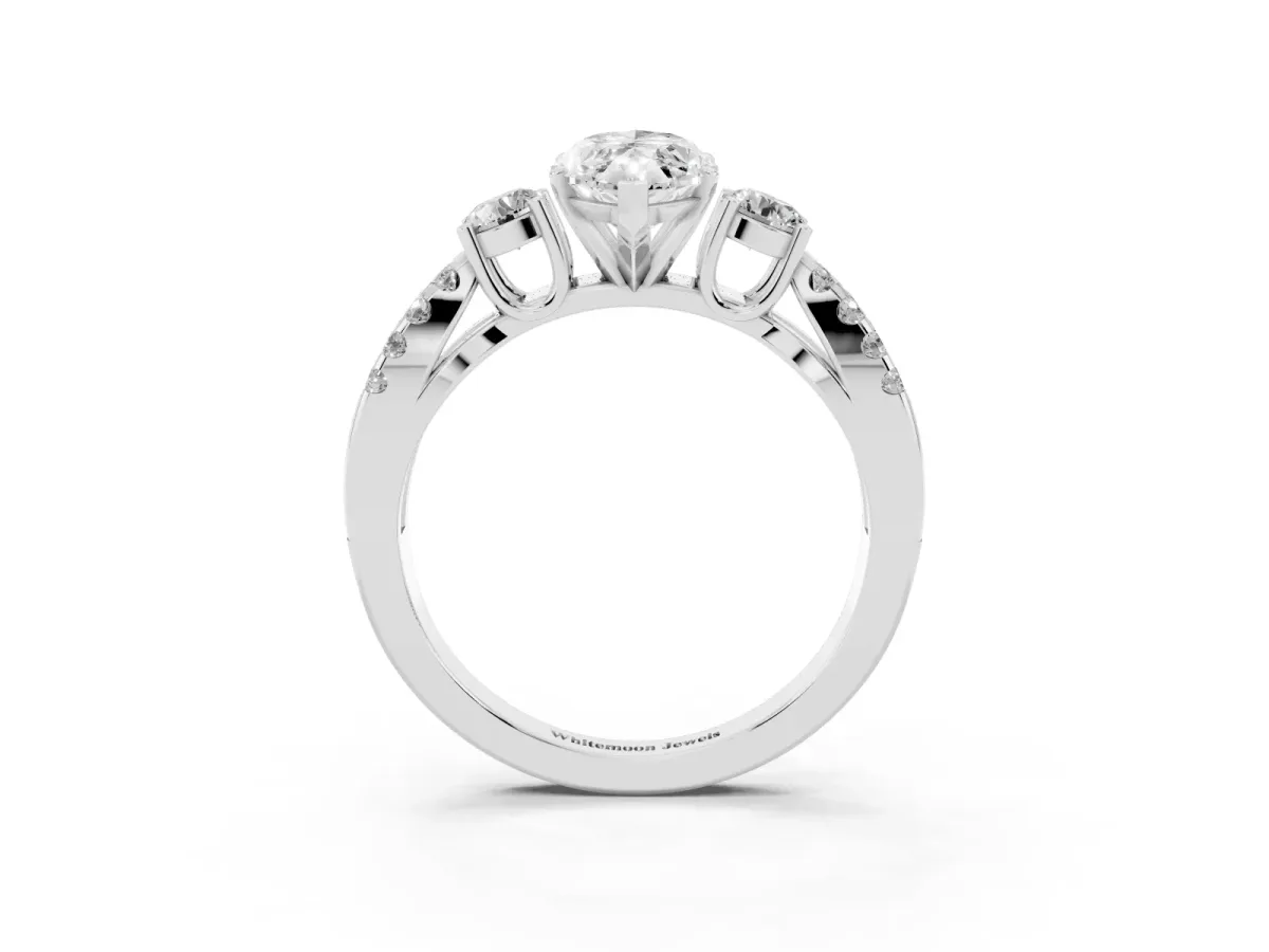 Marquise Cut Diamond Three-Stone Ring with Pavé Split Shank and Four-Prong Setting White gold