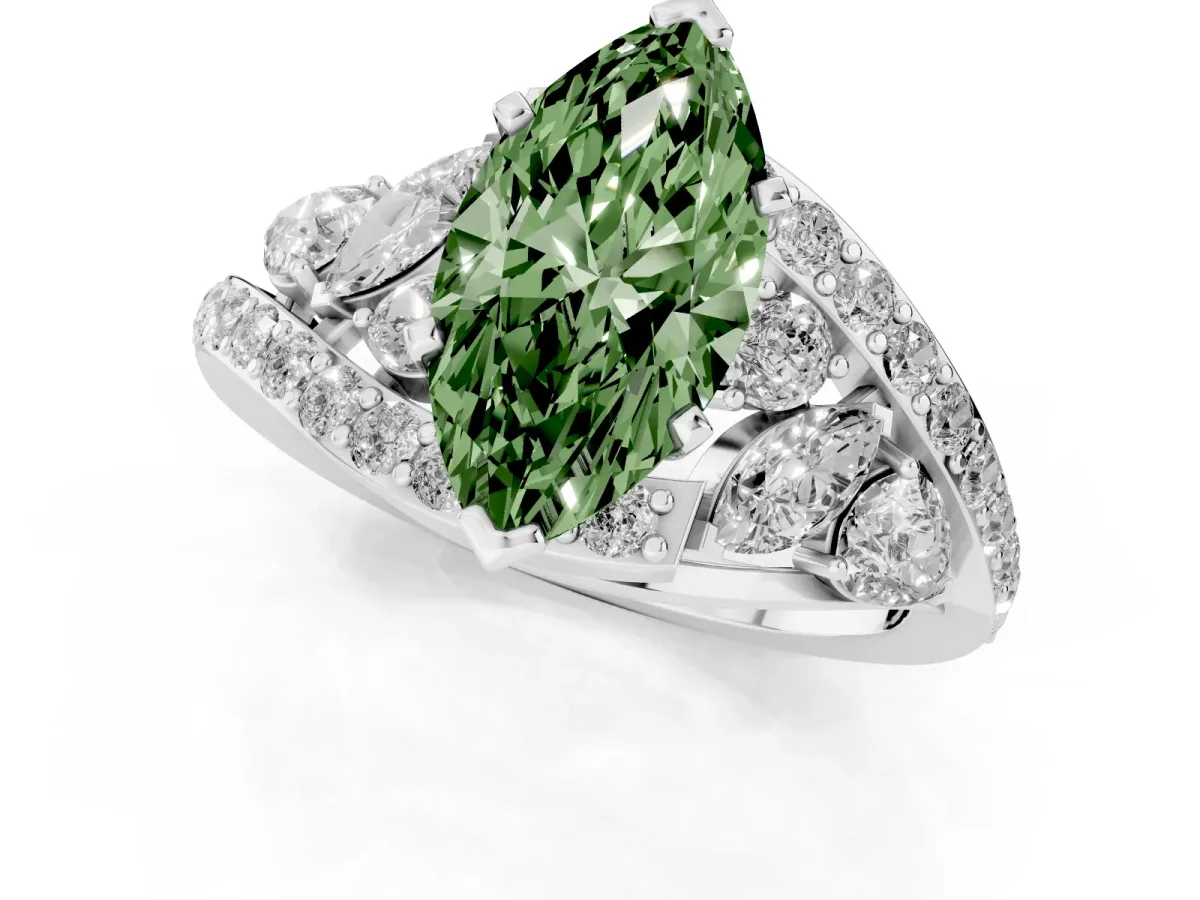 Fancy Green Marquise Cut Diamond Halo Ring with Marquise and Pavé Band in Prong Setting Platinum