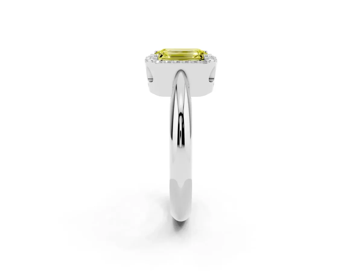 Fancy Yellow Emerald Cut Cut Diamond Halo Engagement Ring with Split Shank and Four-Prong Setting Platinum