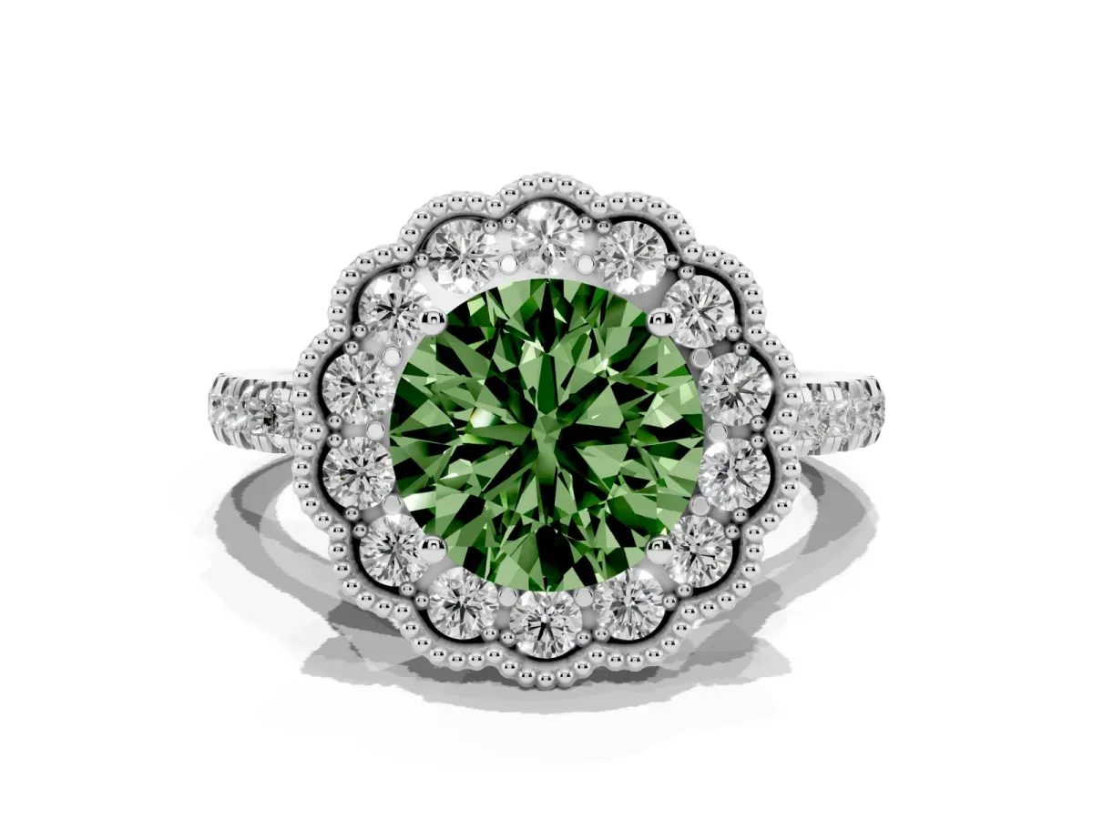 Fancy Green Round Cut Cut Diamond Milgrain Floral Halo Engagement Ring with Pavé Band White gold