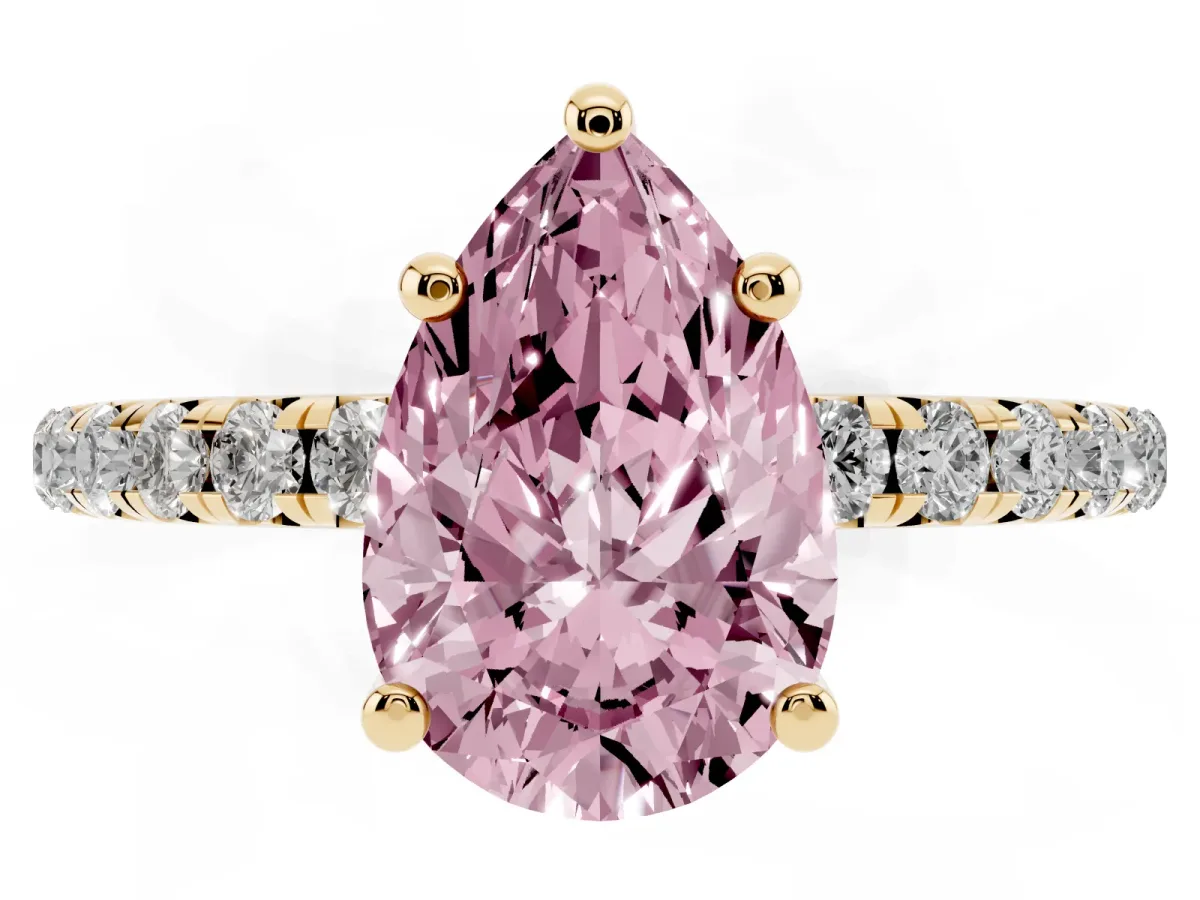 Fancy Pink Pear Cut Cut Diamond Solitaire Ring with Micro Pave Band and Four Prong Setting Yellow gold
