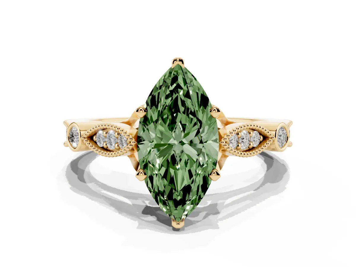 Fancy Green Marquise Cut Cut Diamond with Milgrain Marquise and Bezel Accents on a Solitaire Band with Prong Setting Yellow gold