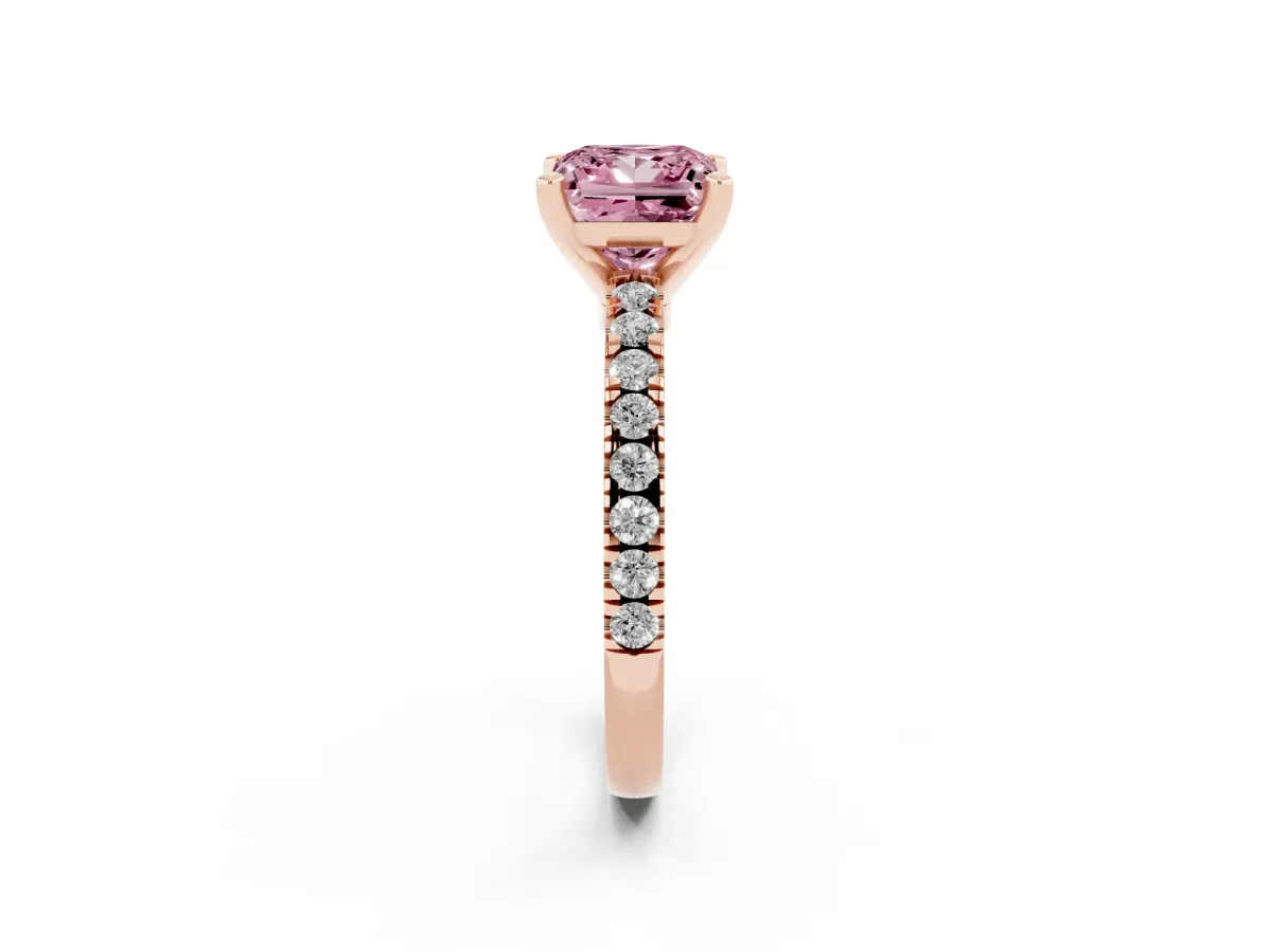Fancy Pink Princess Cut Solitaire Diamond with Pavé Band and Four-Prong Setting Rose gold