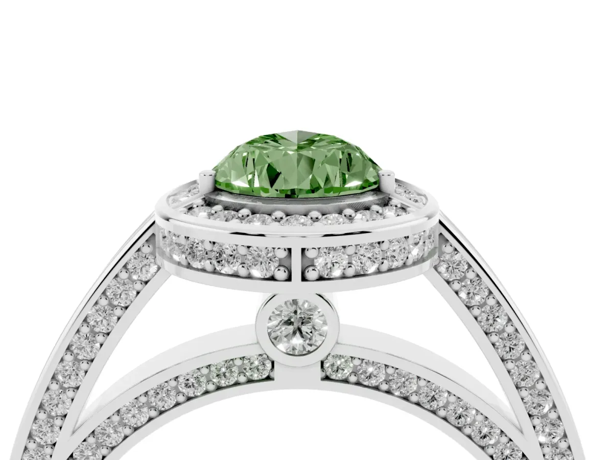 Fancy Green Pear Cut Cut Halo Pave Split Shank Prong Setting Ring Silver