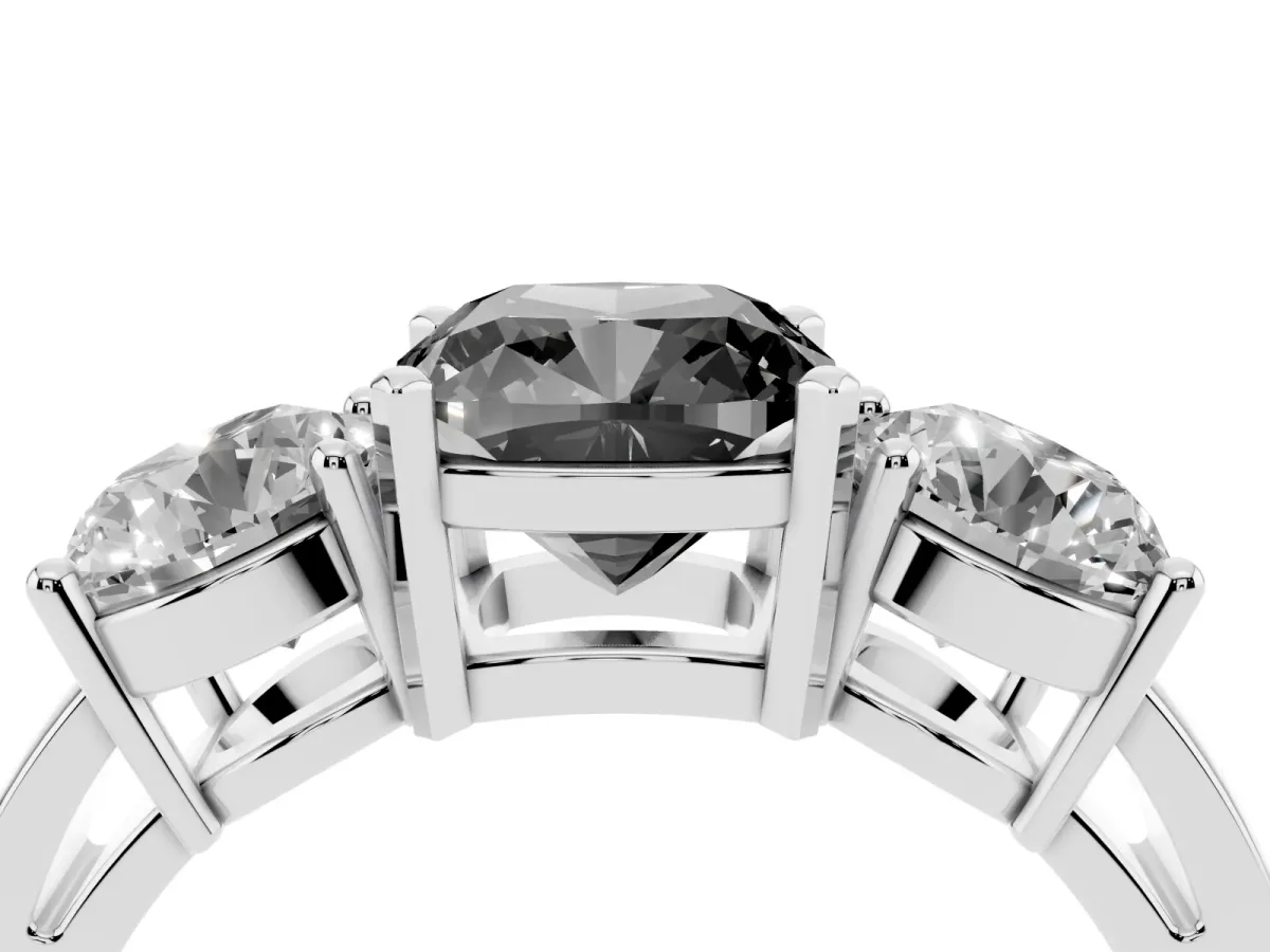 Fancy Black Three-Stone Cushion Cut Diamond Ring with Round Side Stones, Classic Band, and Four-Prong Setting Silver