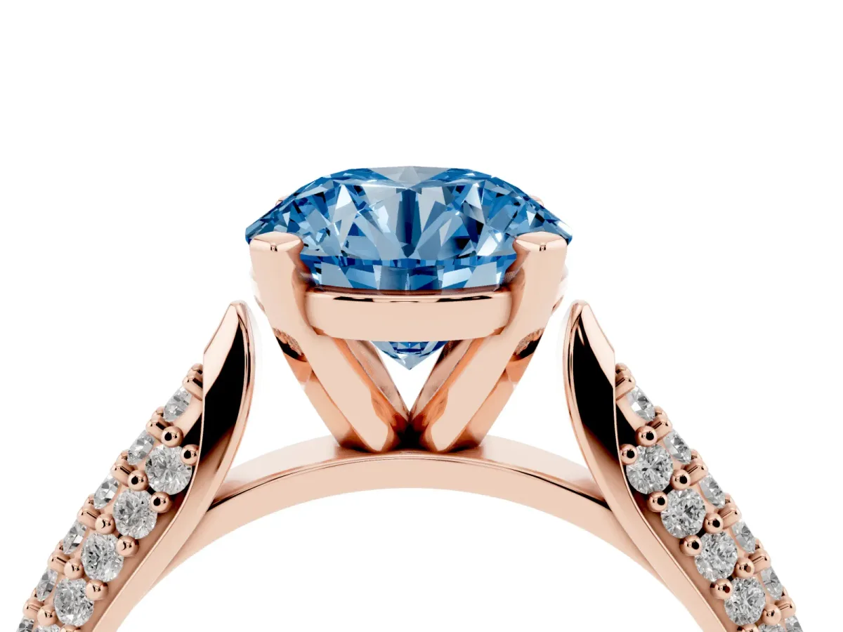 Fancy Blue Round Cut Diamond Solitaire Engagement Ring with Multi-Row Round Pavé Band and Prong Setting Rose gold