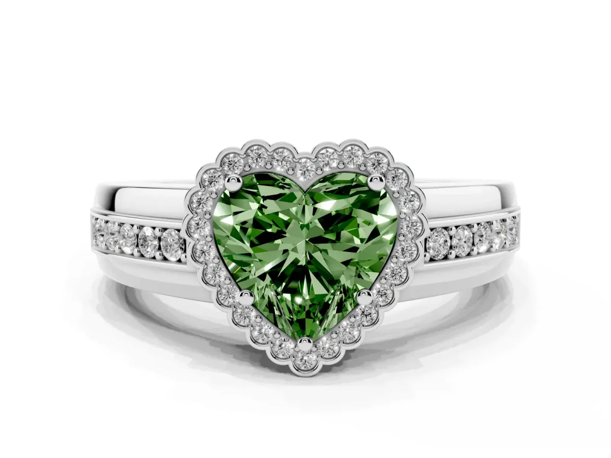 Fancy Green Heart Cut Cut Halo Pave Band Four-Prong Ring Silver
