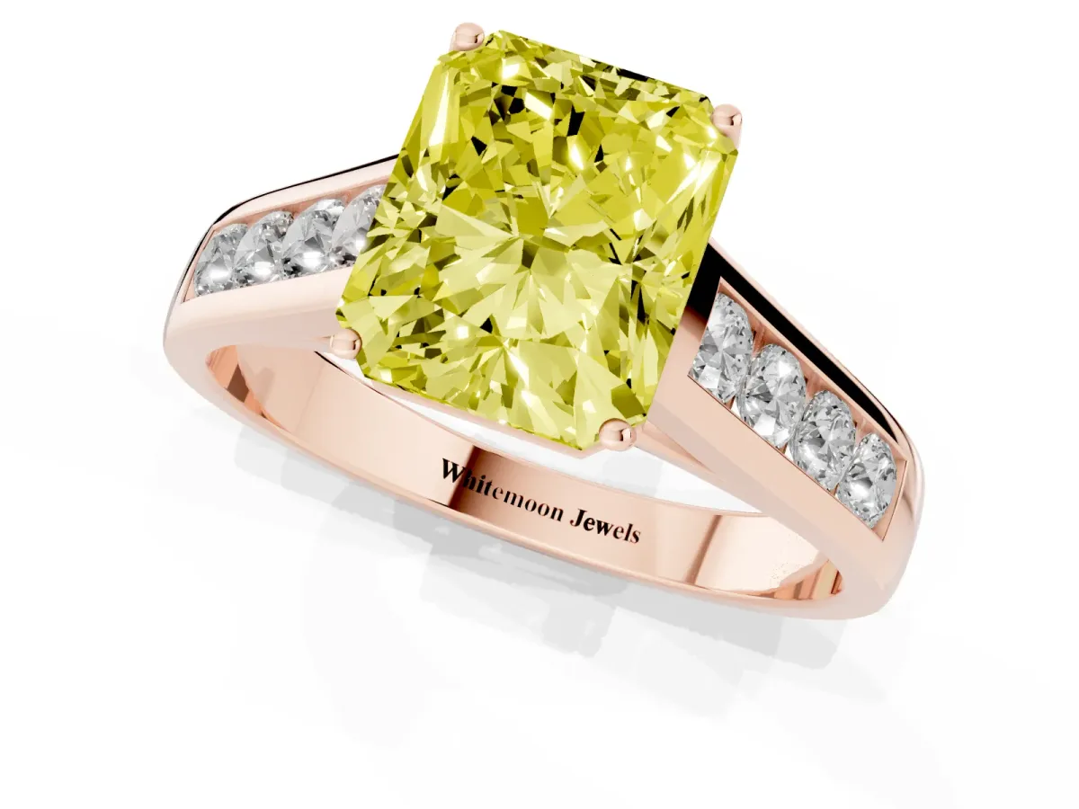 Fancy Yellow Radiant Cut Solitaire Channel-Set Diamond Engagement Ring with Four-Prong Setting Rose gold