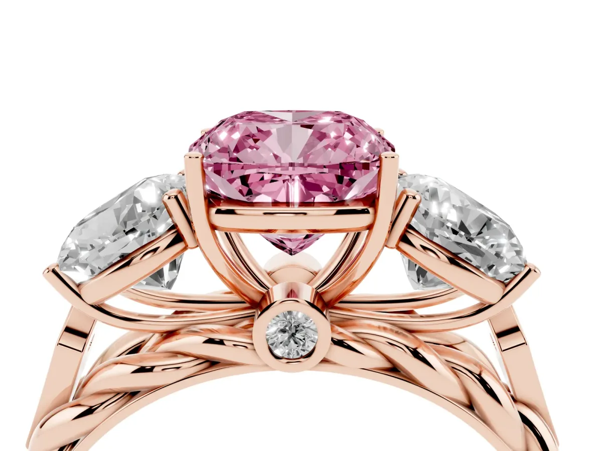 Fancy Pink Three-Stone Cushion Cut Diamond Braided Band Ring with Four-Prong Setting Rose gold