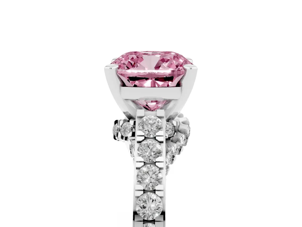 Fancy Pink Cushion Cut Diamond Solitaire Ring with Crossover Gallery and Round Pavé Band White gold