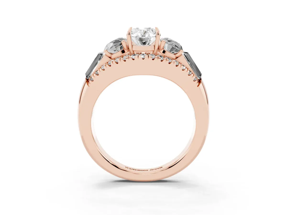 Three-Stone Oval Cut Diamond Engagement Ring with Pave Band and Prong Setting Rose gold