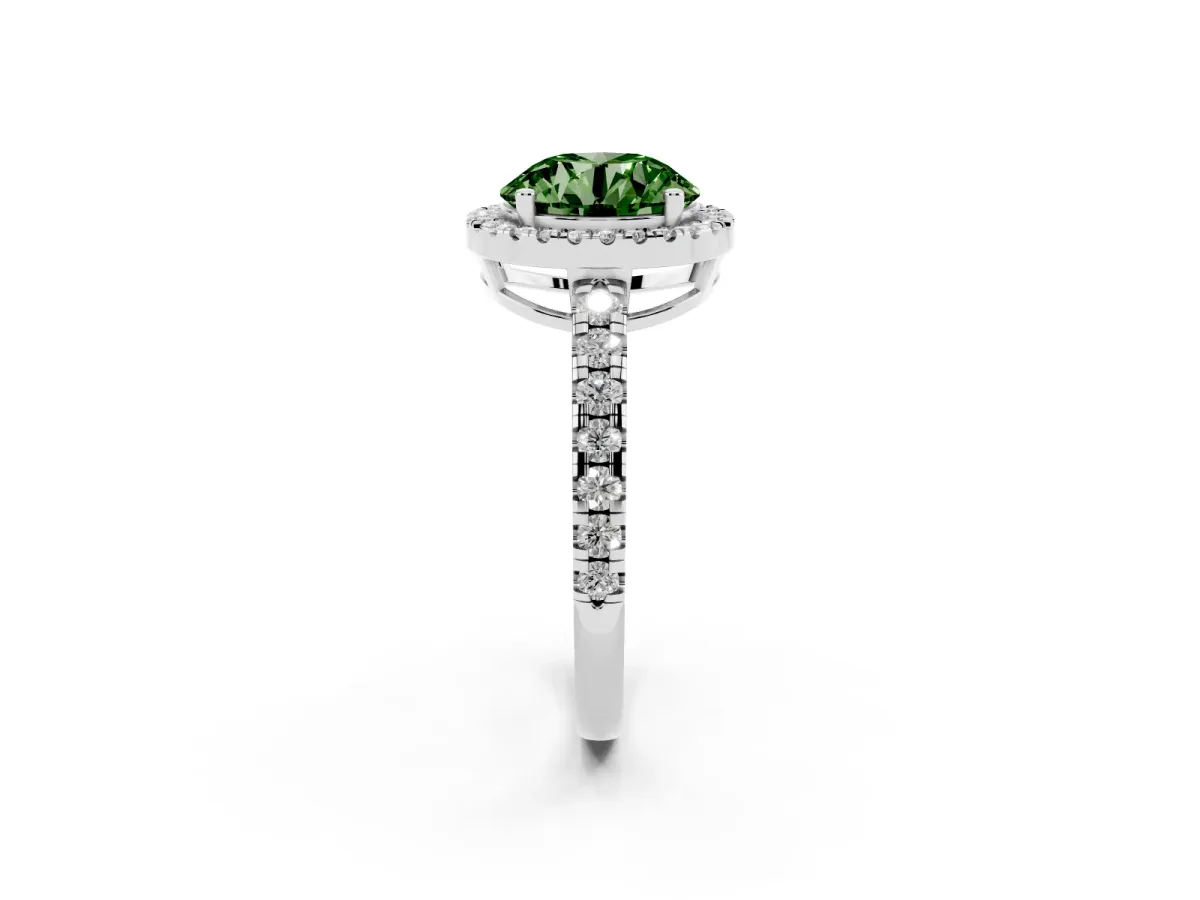 Fancy Green Round Cut Diamond Halo Ring with Pavé Band and Four-Prong Setting Silver
