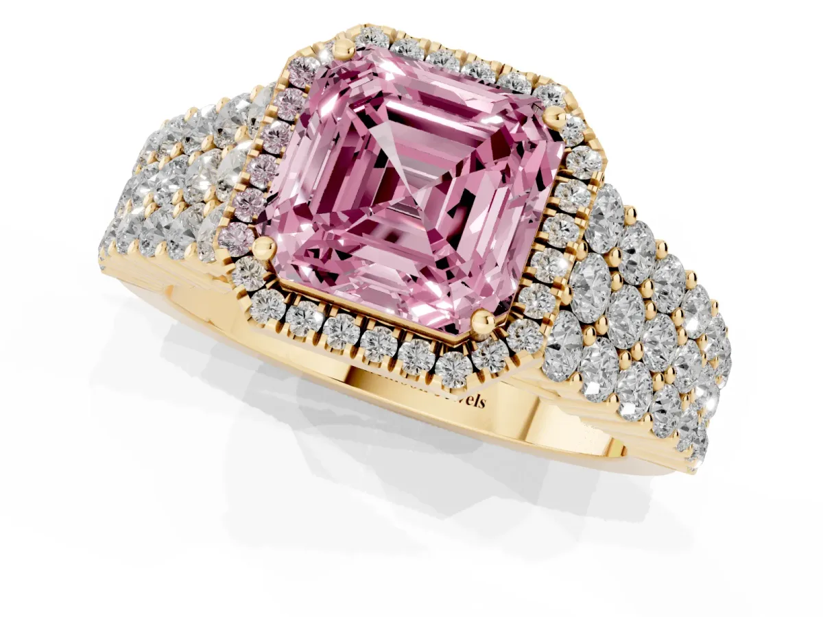Fancy Pink Asscher Cut Diamond Halo Engagement Ring with Triple Row Round Pavé Band and Prong Setting Yellow gold