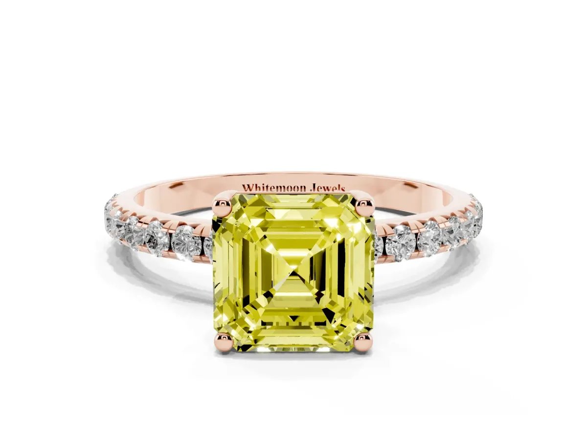 Fancy Yellow Asscher Cut Cut Diamond Solitaire Ring with Micro Pave Band and Four Prong Setting Rose gold