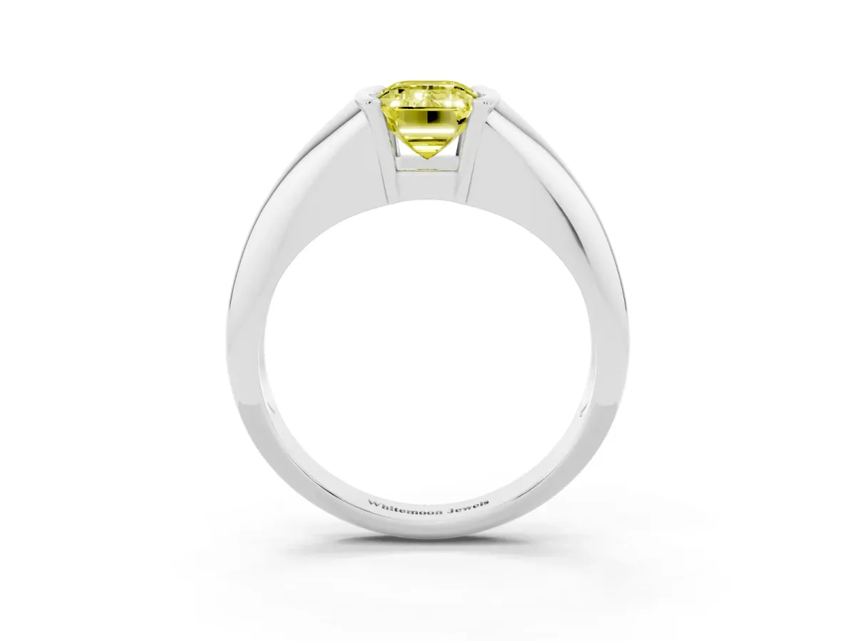 Fancy Yellow Emerald Cut Solitaire Tension Set Diamond Ring Silver