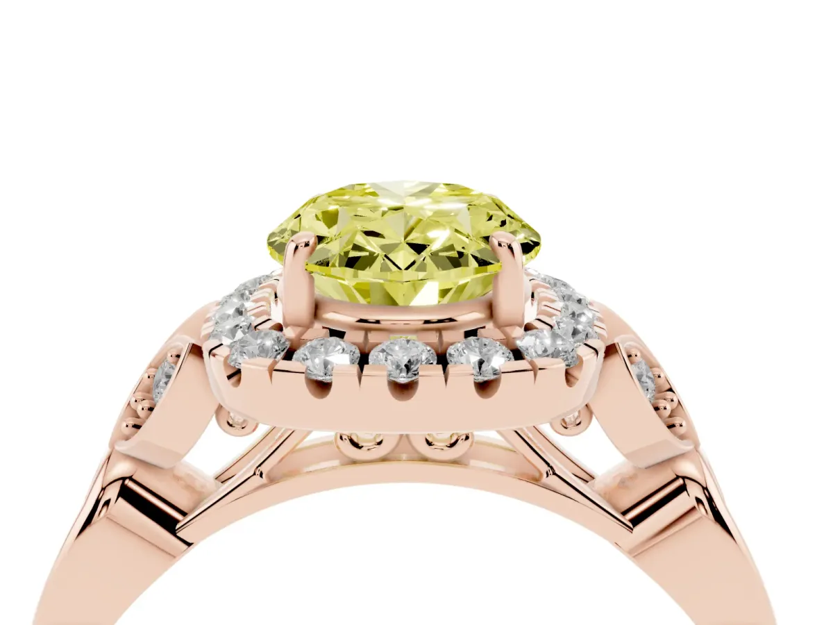 Fancy Yellow Oval Cut Halo Diamond Engagement Ring with Vintage-Inspired Band and Four-Prong Setting Rose gold