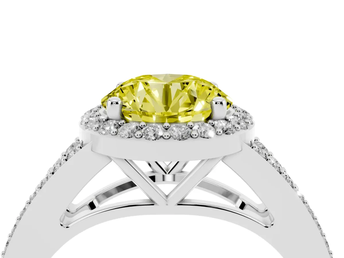 Fancy Yellow Round Cut Halo Split Shank Diamond Ring with Prong Setting Silver