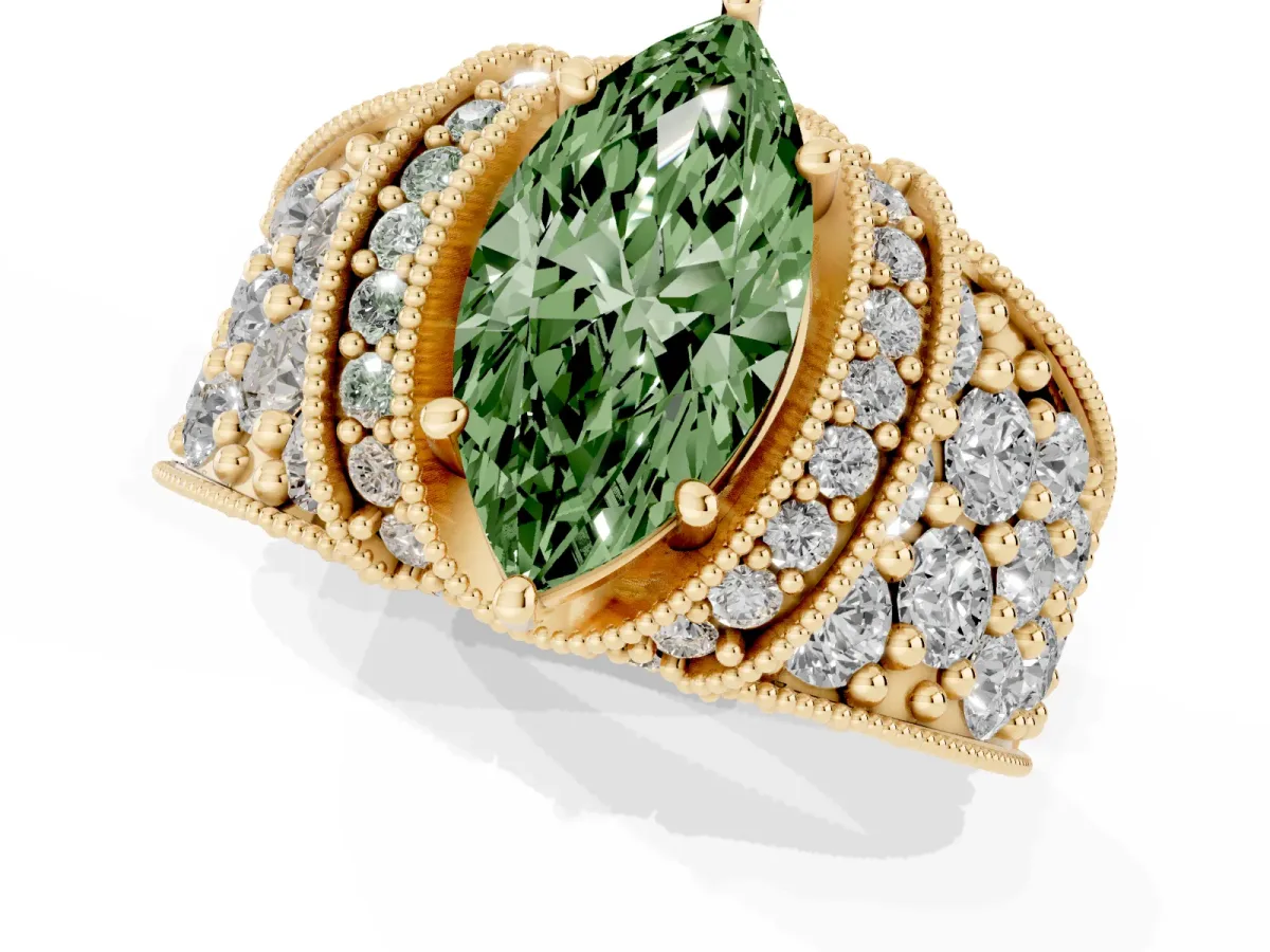 Fancy Green Marquise Cut Halo Pave Diamond Engagement Ring with Milgrain Detailing Yellow gold