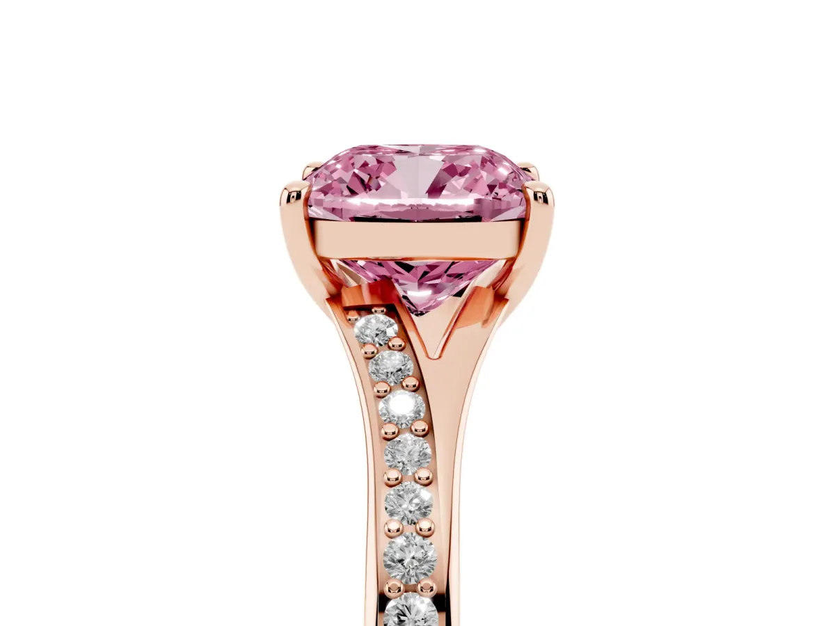 Fancy Pink Cushion Cut Diamond Solitaire Ring with Pavé Band and Prong Setting Rose gold