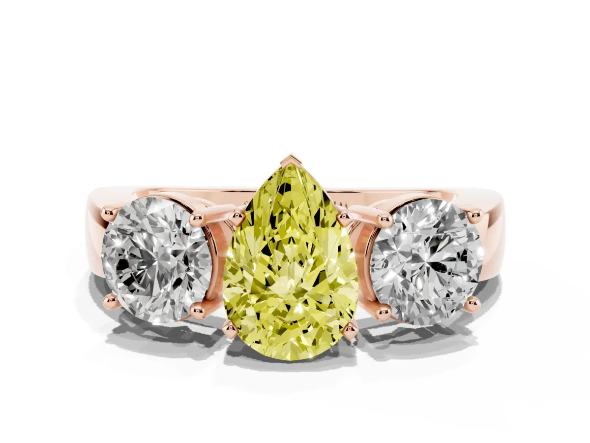 Fancy Yellow Three-Stone Pear Cut Diamond Ring with Round Side Stones, Classic Band, and Four-Prong Setting Rose gold